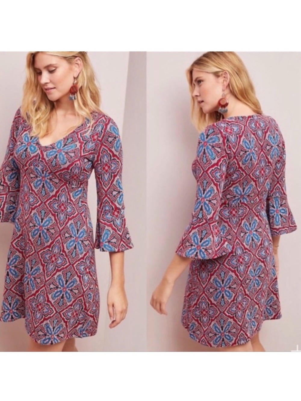 Anthropologie Maeve Barrie V Neck Dress with Bell Sleeves, Red/Blue/Black, S